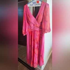 Teri Jon Pink Printed Chiffon Pleated Full Sleeve Dress Sz 12